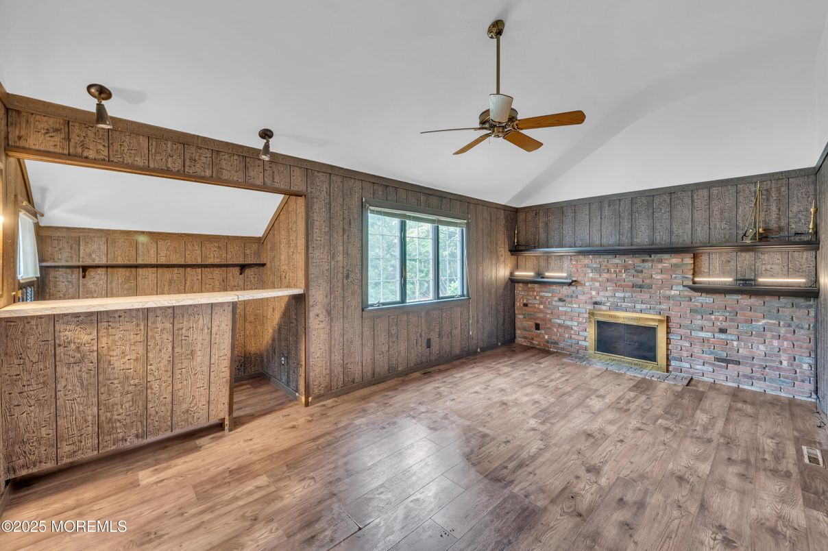Empty room, Fireplace, Interior, Stone Walls, Wood Texture Flooring, Wooden Walls