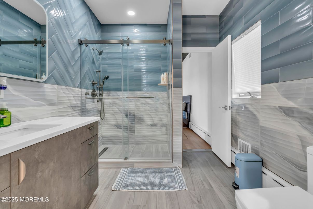 Bathroom, Glass Shower, Interior, Recessed Lighting, Wood Texture Flooring