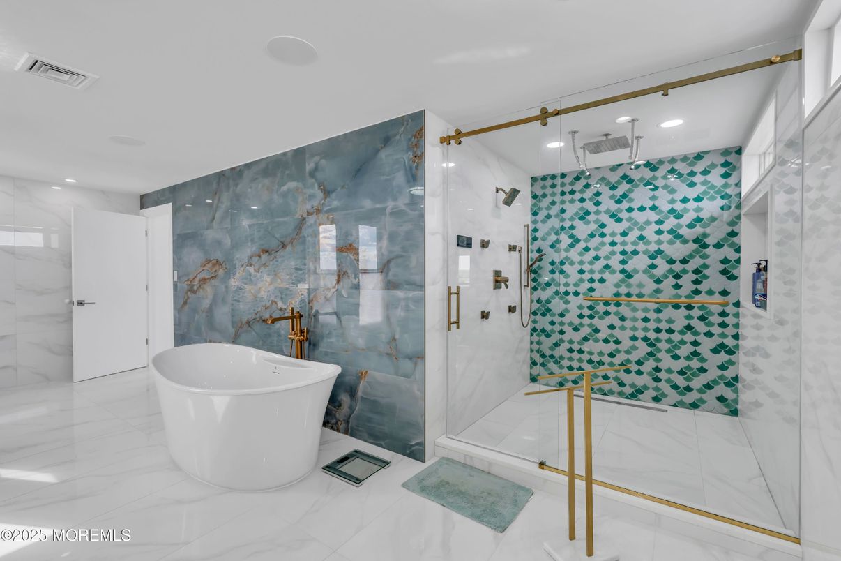 Bathroom, Free Standing Baths, Glass Shower, Interior, Marble, Marble Walls, Recessed Lighting