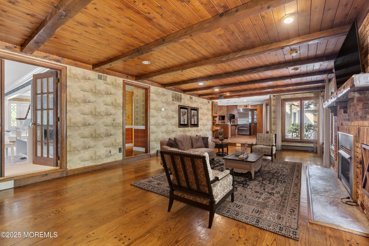 Fireplace, Interior, Living room, Recessed Lighting, Stone Walls, Wooden Beams, Wooden Ceilings, Wood Texture Flooring