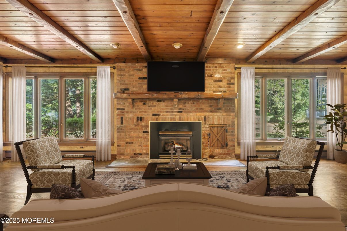 Fireplace, Interior, Living room, Recessed Lighting, Stone Walls, Wooden Beams, Wooden Ceilings