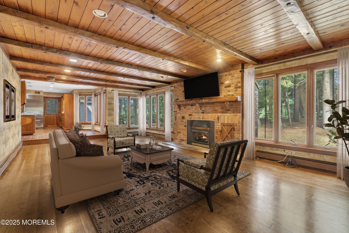 Fireplace, Interior, Living room, Recessed Lighting, Stone Walls, Wooden Beams, Wooden Ceilings, Wood Texture Flooring