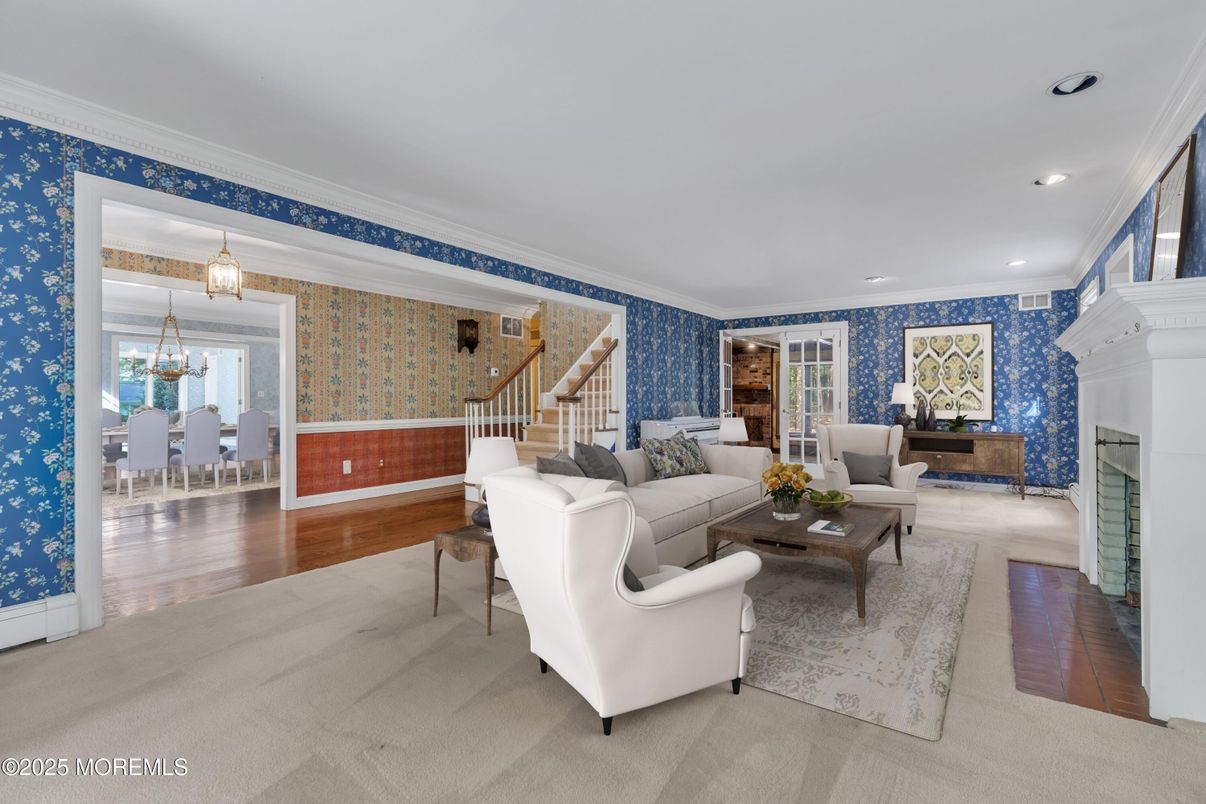 Dining room, Fireplace, Interior, Living room, Recessed Lighting, Wood Texture Flooring