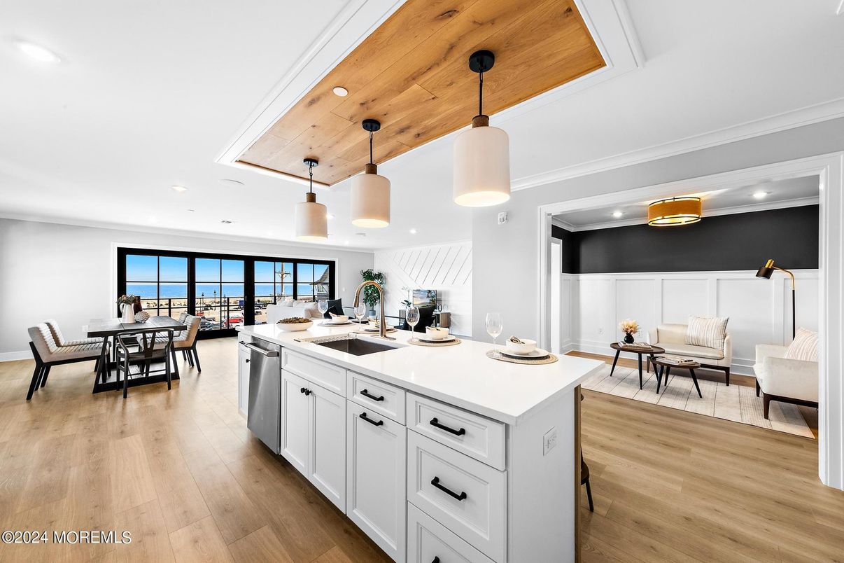 Dining room, Interior, Kitchen, Pendant Lights, Recessed Lighting, Water, Wooden Ceilings, Wood Texture Flooring