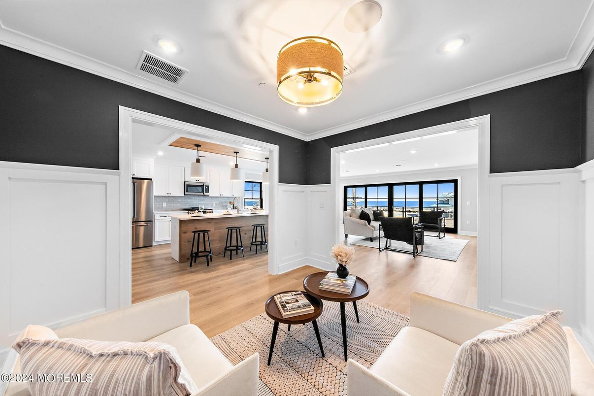 Interior, Kitchen, Living room, Recessed Lighting, Stainless Steel Appliances, Wood Texture Flooring