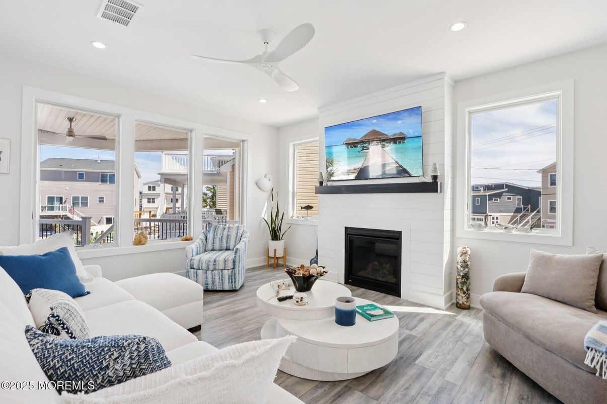 Fireplace, Interior, Living room, Recessed Lighting, Wood Texture Flooring