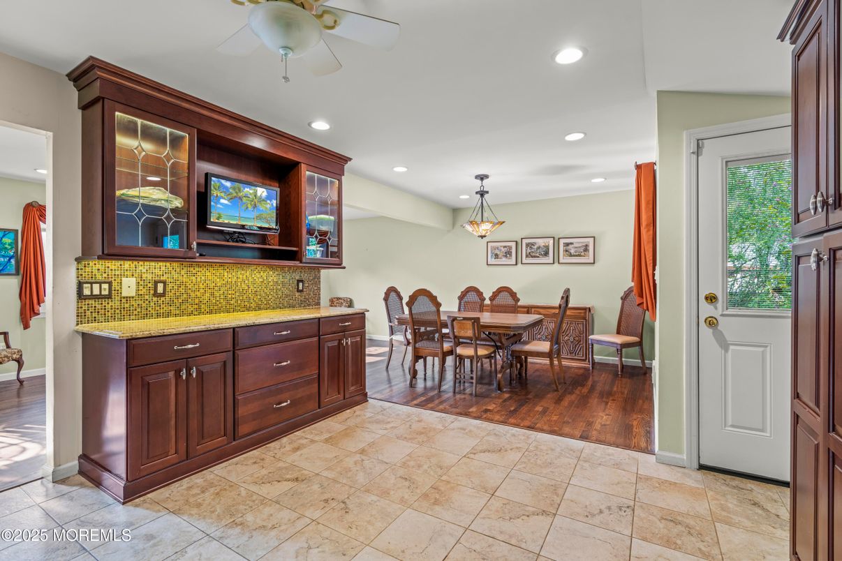 Dining room, Interior, Pendant Lights, Recessed Lighting, Wood Texture Flooring