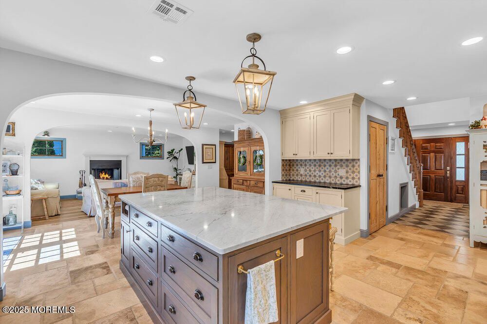 Dining room, Fireplace, Interior, Kitchen, Living room, Pendant Lights, Recessed Lighting