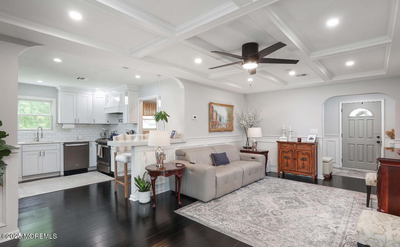 Interior, Kitchen, Living room, Recessed Lighting, Stainless Steel Appliances, Wood Texture Flooring