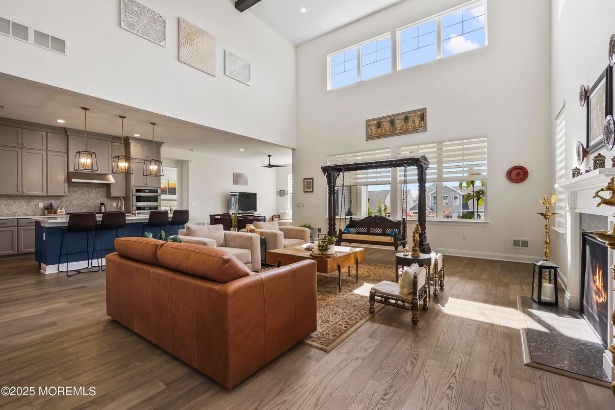 Fireplace, Interior, Kitchen, Living room, Pendant Lights, Recessed Lighting, Wood Texture Flooring