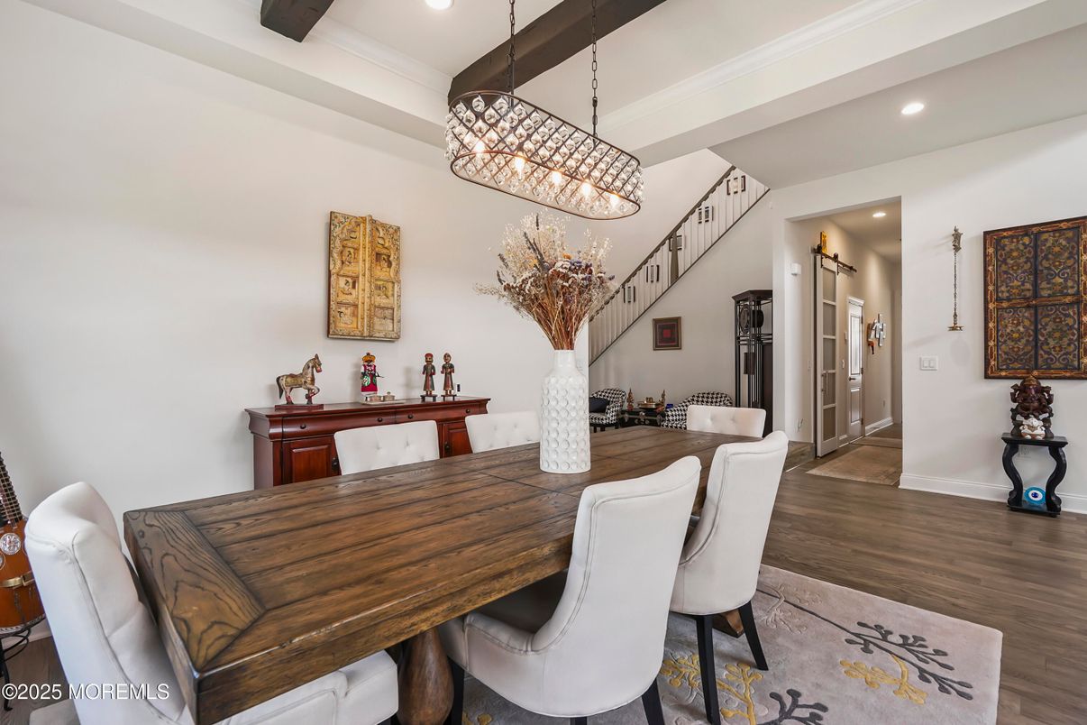 Dining room, Interior, Pendant Lights, Recessed Lighting, Wooden Beams, Wood Texture Flooring