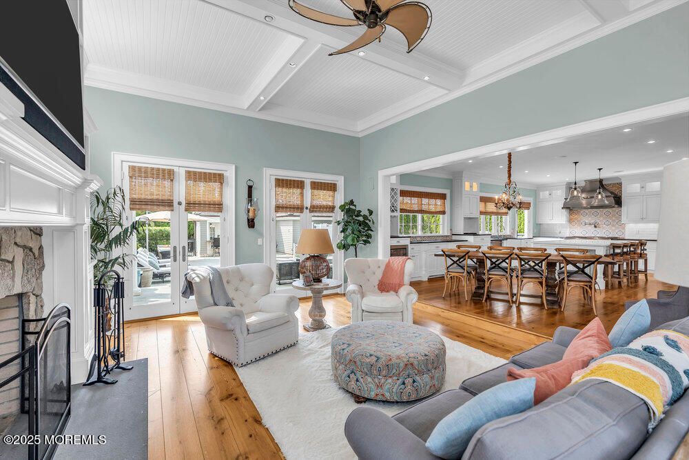 Dining room, Fireplace, Interior, Kitchen, Living room, Pendant Lights, Recessed Lighting, Wood Texture Flooring