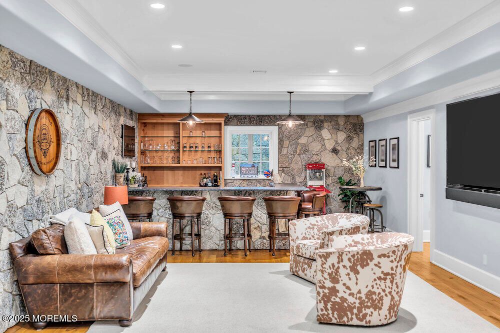 Interior, Pendant Lights, Recessed Lighting, Stone Walls, Wood Texture Flooring
