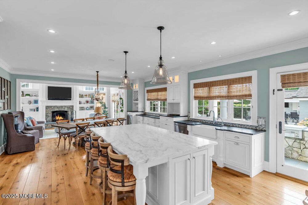 Dining room, Fireplace, Interior, Kitchen, Living room, Pendant Lights, Recessed Lighting, Wood Texture Flooring