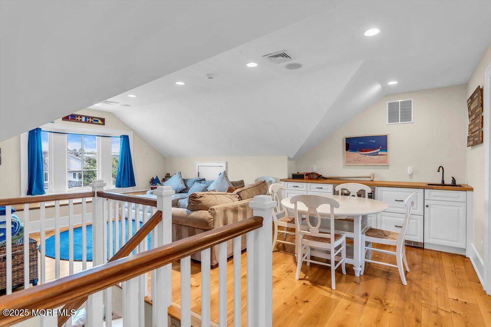 Dining room, Interior, Living room, Recessed Lighting, Wood Texture Flooring