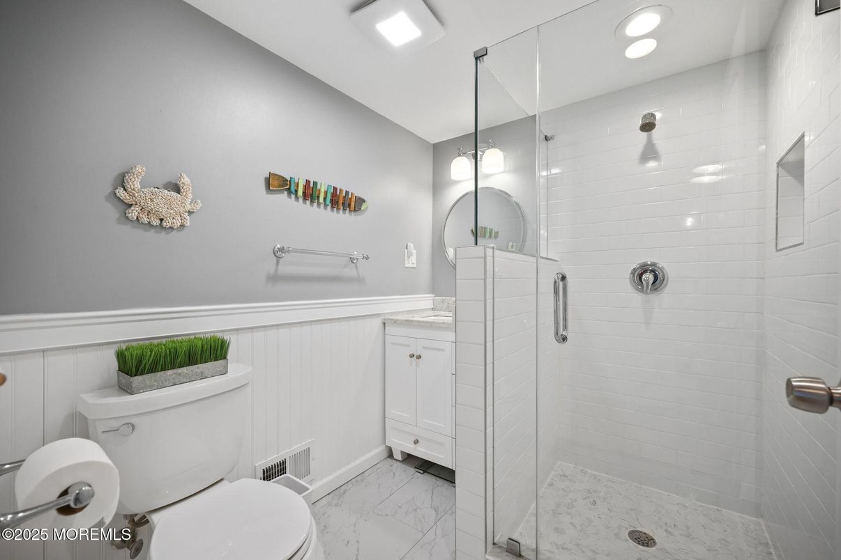Bathroom, Glass Shower, Interior, Marble, Recessed Lighting