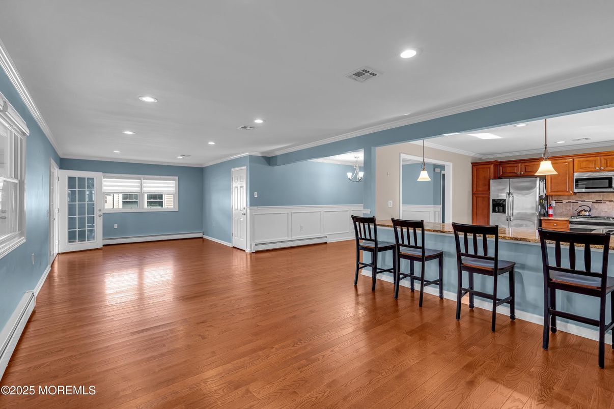Interior, Kitchen, Pendant Lights, Recessed Lighting, Stainless Steel Appliances, Wood Texture Flooring