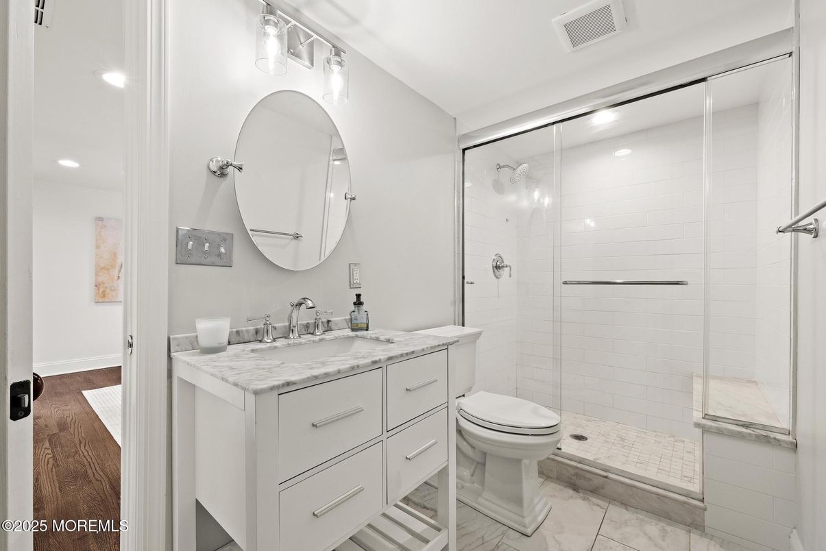 Bathroom, Glass Shower, Interior, Marble, Recessed Lighting, Wood Texture Flooring