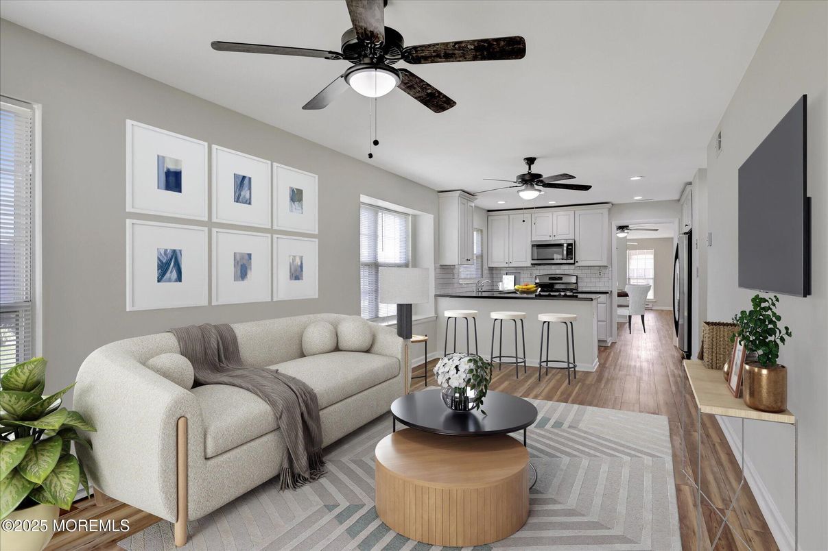 Interior, Kitchen, Living room, Recessed Lighting, Stainless Steel Appliances, Wood Texture Flooring