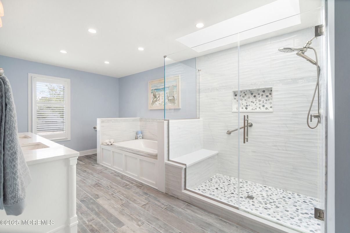 Bathroom, Glass Shower, Interior, Recessed Lighting, Wood Texture Flooring