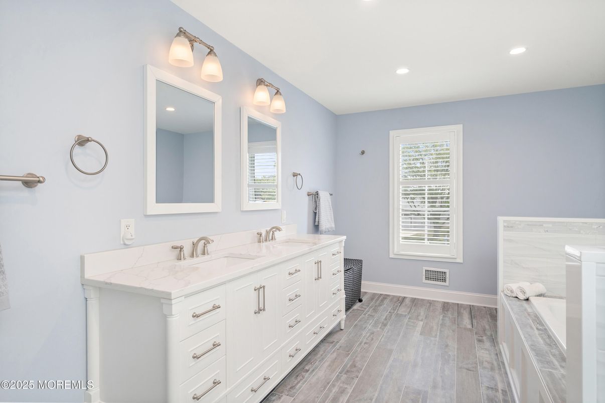 Bathroom, Dual Sink Vanities, Interior, Recessed Lighting, Wood Texture Flooring