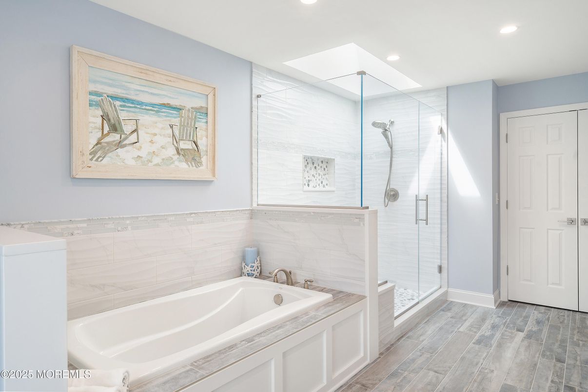 Bathroom, Glass Shower, Interior, Marble Walls, Recessed Lighting, Wood Texture Flooring