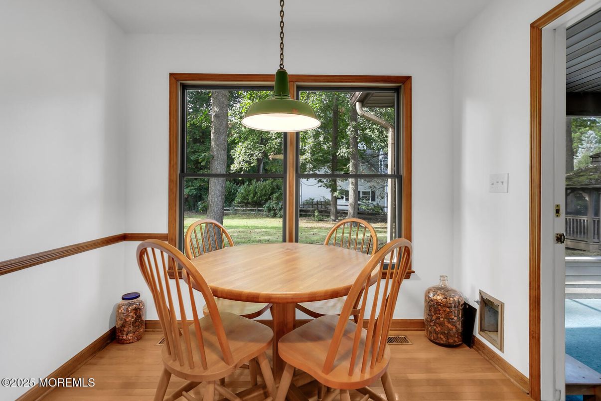 Dining room, Interior, Pendant Lights, Wood Texture Flooring