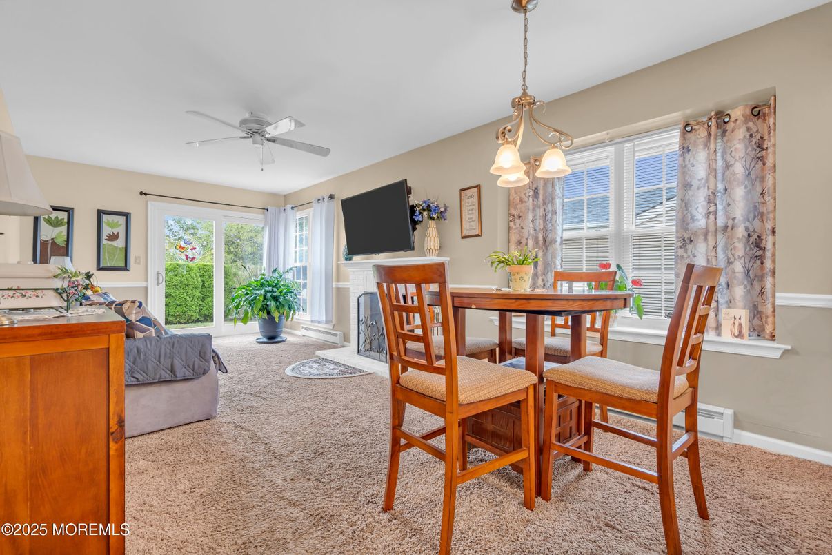 Dining room, Fireplace, Interior, Pendant Lights