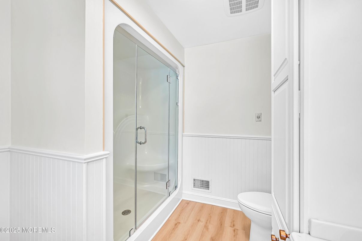 Bathroom, Glass Shower, Interior, Wood Texture Flooring