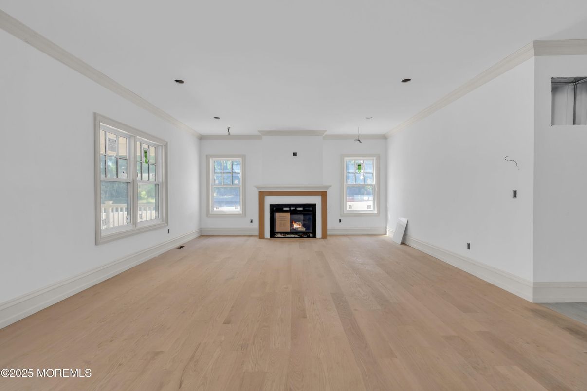 Empty room, Fireplace, Interior, Pendant Lights, Wood Texture Flooring