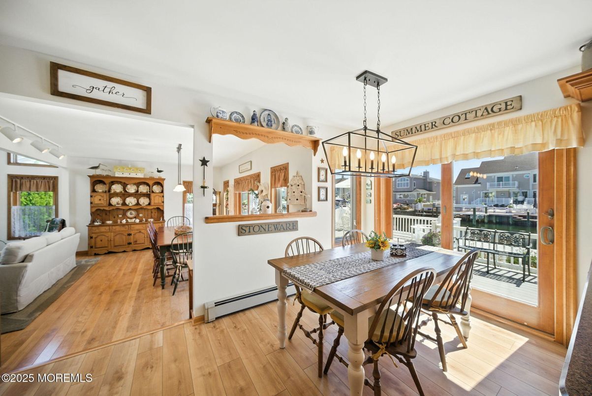 Dining room, Interior, Pendant Lights, Wood Texture Flooring