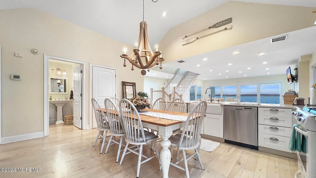 Chandelier, Dining room, Interior, Kitchen, Recessed Lighting, Stainless Steel Appliances, Water, Wood Texture Flooring
