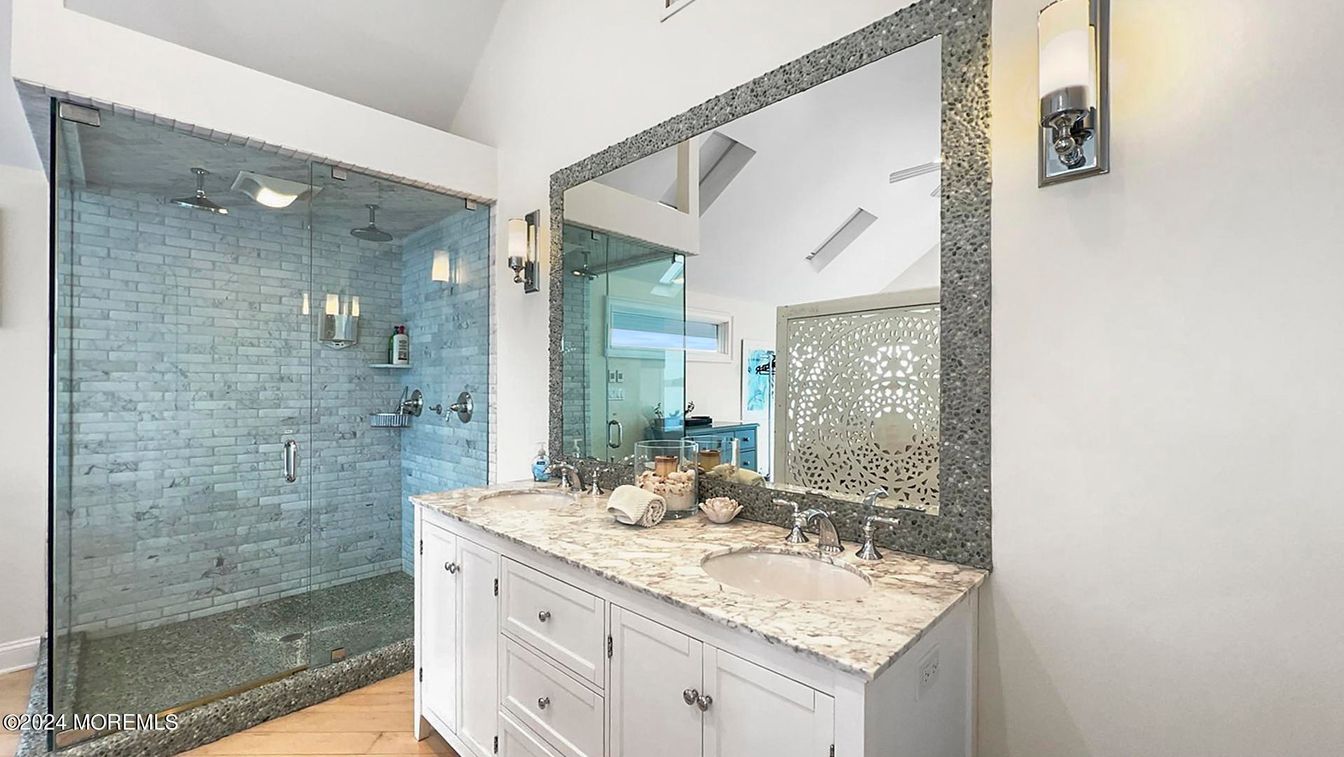 Bathroom, Dual Sink Vanities, Glass Shower, Interior, Wood Texture Flooring