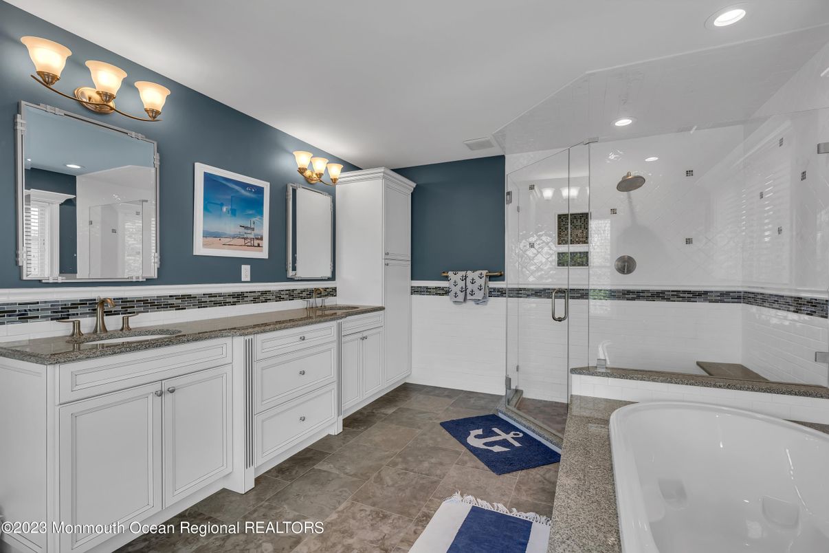 Bathroom, Dual Sink Vanities, Glass Shower, Interior, Recessed Lighting