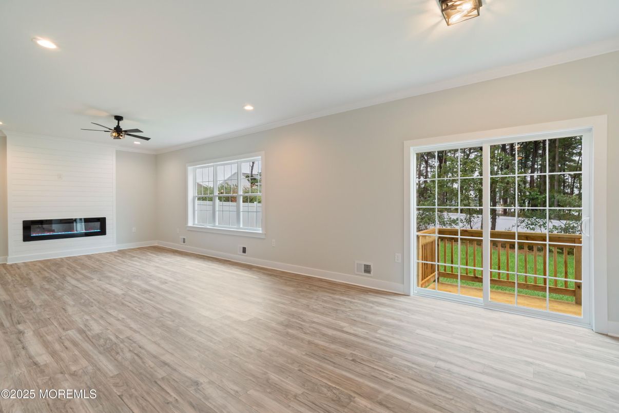 Empty room, Fireplace, Interior, Recessed Lighting, Wood Texture Flooring