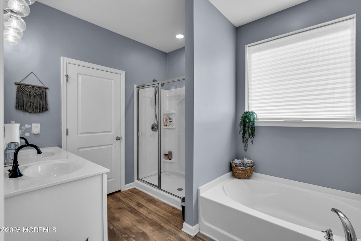 Bathroom, Glass Shower, Interior, Recessed Lighting, Wood Texture Flooring