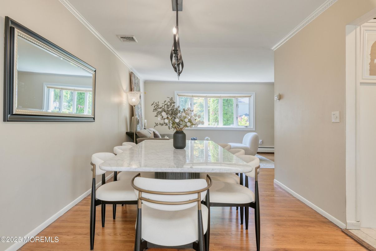 Dining room, Interior, Pendant Lights, Wood Texture Flooring