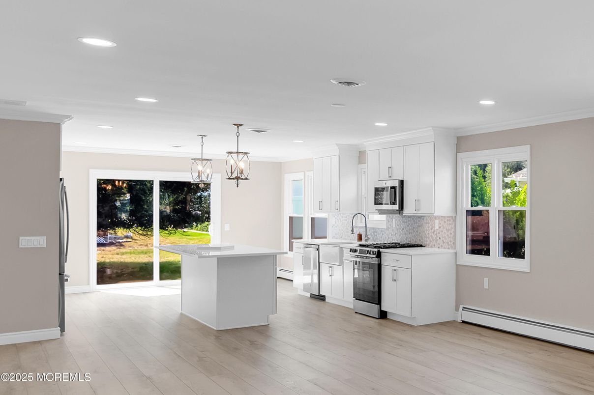 Chandelier, Interior, Kitchen, Pendant Lights, Recessed Lighting, Stainless Steel Appliances, Wood Texture Flooring
