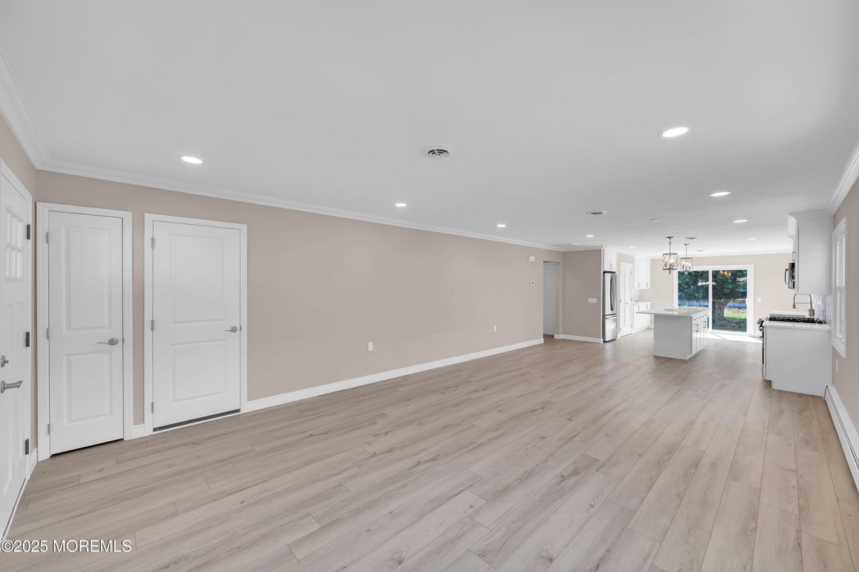 Empty room, Interior, Kitchen, Pendant Lights, Recessed Lighting, Wood Texture Flooring