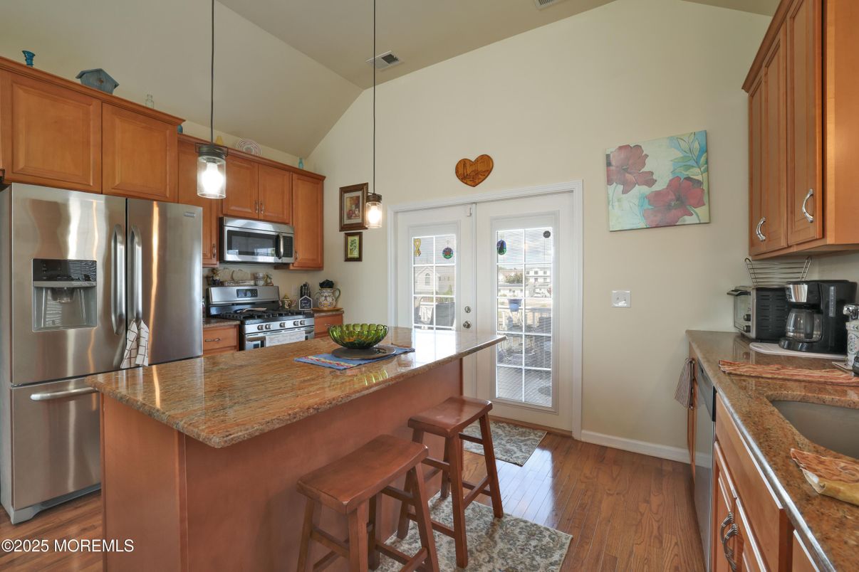 Interior, Kitchen, Pendant Lights, Stainless Steel Appliances, Wood Texture Flooring
