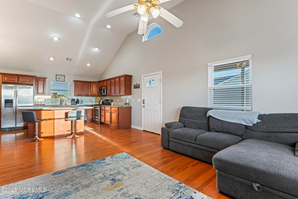 Interior, Kitchen, Living room, Recessed Lighting, Stainless Steel Appliances, Wood Texture Flooring