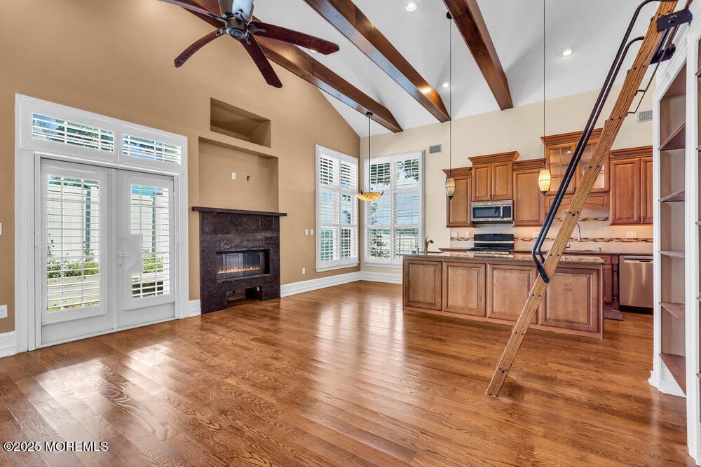 Fireplace, Interior, Kitchen, Pendant Lights, Recessed Lighting, Wooden Beams, Wood Texture Flooring