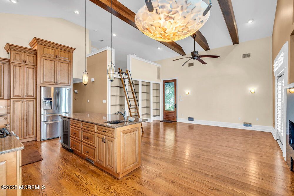 Interior, Kitchen, Recessed Lighting, Stainless Steel Appliances, Wooden Beams, Wood Texture Flooring