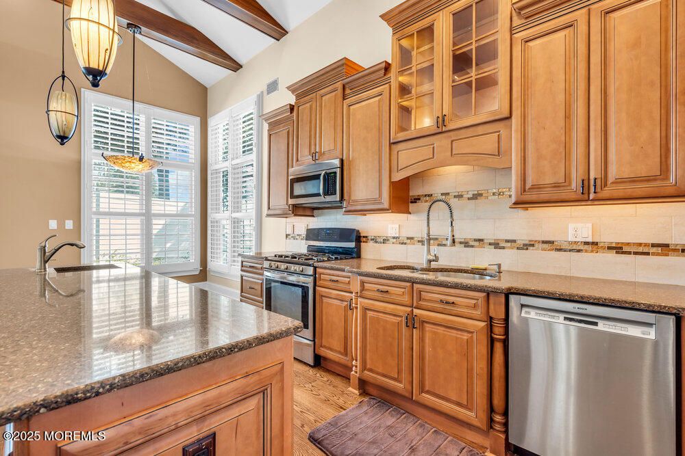 Interior, Kitchen, Pendant Lights, Stainless Steel Appliances, Wooden Beams, Wood Texture Flooring