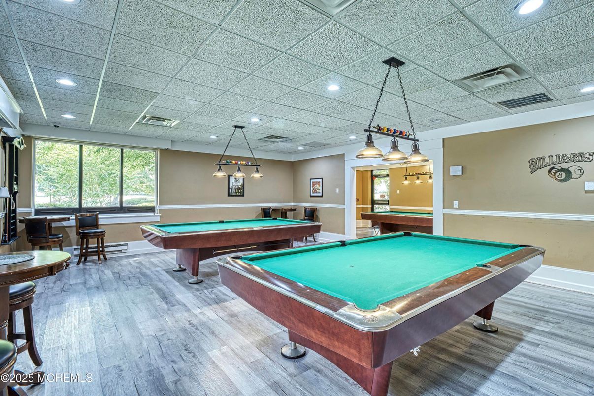 Billiard Table, Game Room, Interior, Pendant Lights, Recessed Lighting, Wood Texture Flooring