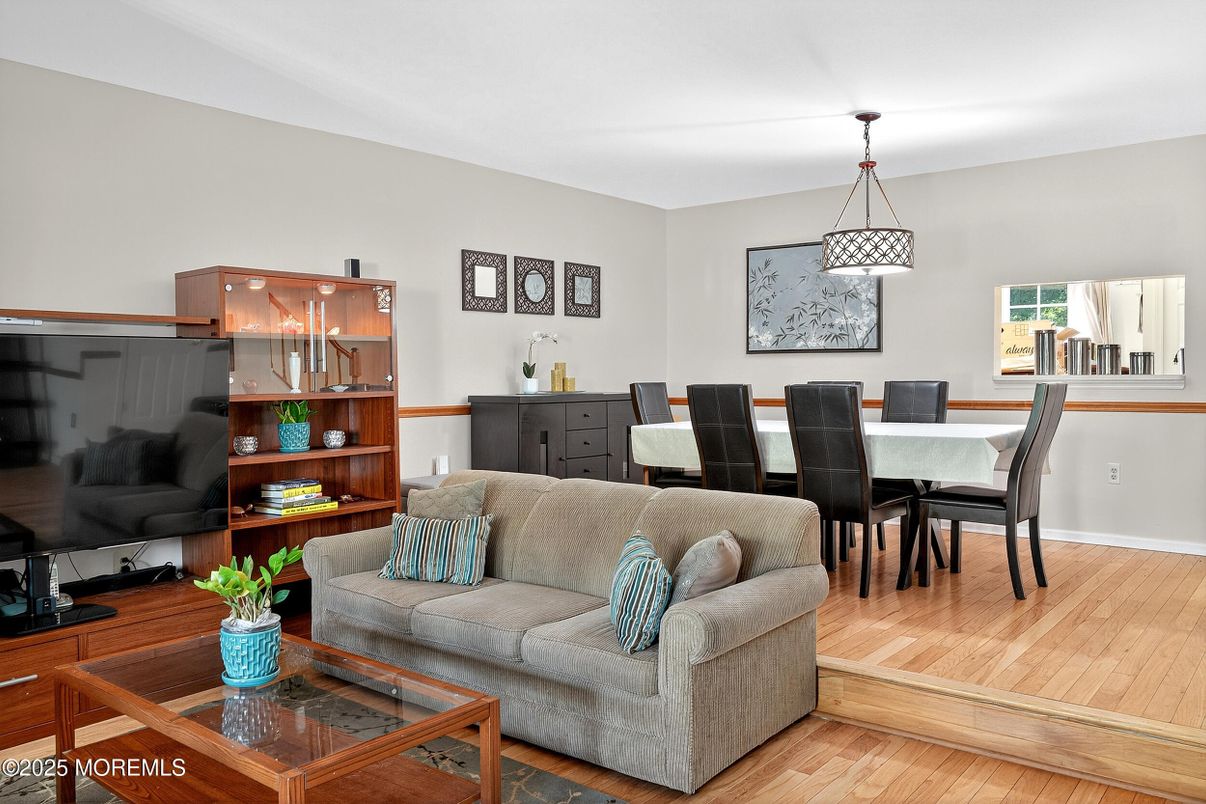Dining room, Interior, Living room, Pendant Lights, Wood Texture Flooring