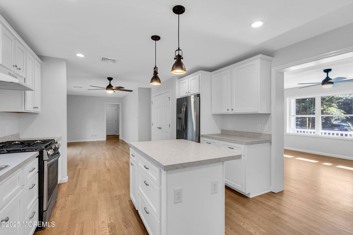 Interior, Kitchen, Pendant Lights, Recessed Lighting, Stainless Steel Appliances, Wood Texture Flooring
