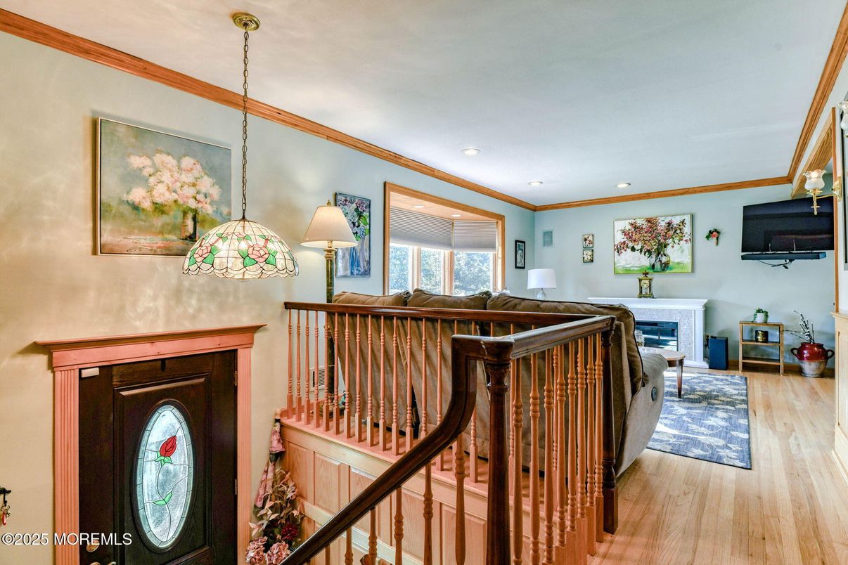 Fireplace, Interior, Pendant Lights, Recessed Lighting, Wood Texture Flooring