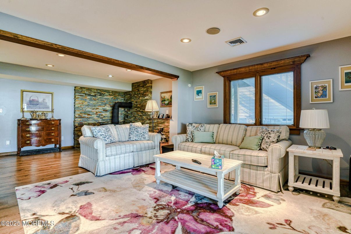 Interior, Living room, Recessed Lighting, Stone Walls, Wood Texture Flooring