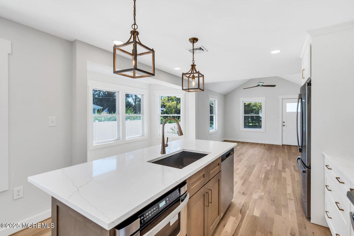 Interior, Kitchen, Pendant Lights, Recessed Lighting, Wood Texture Flooring